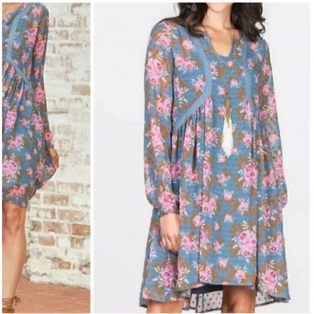 Matilda Jane Floral Long Sleeve Mini Dress Women's Blue Size XL